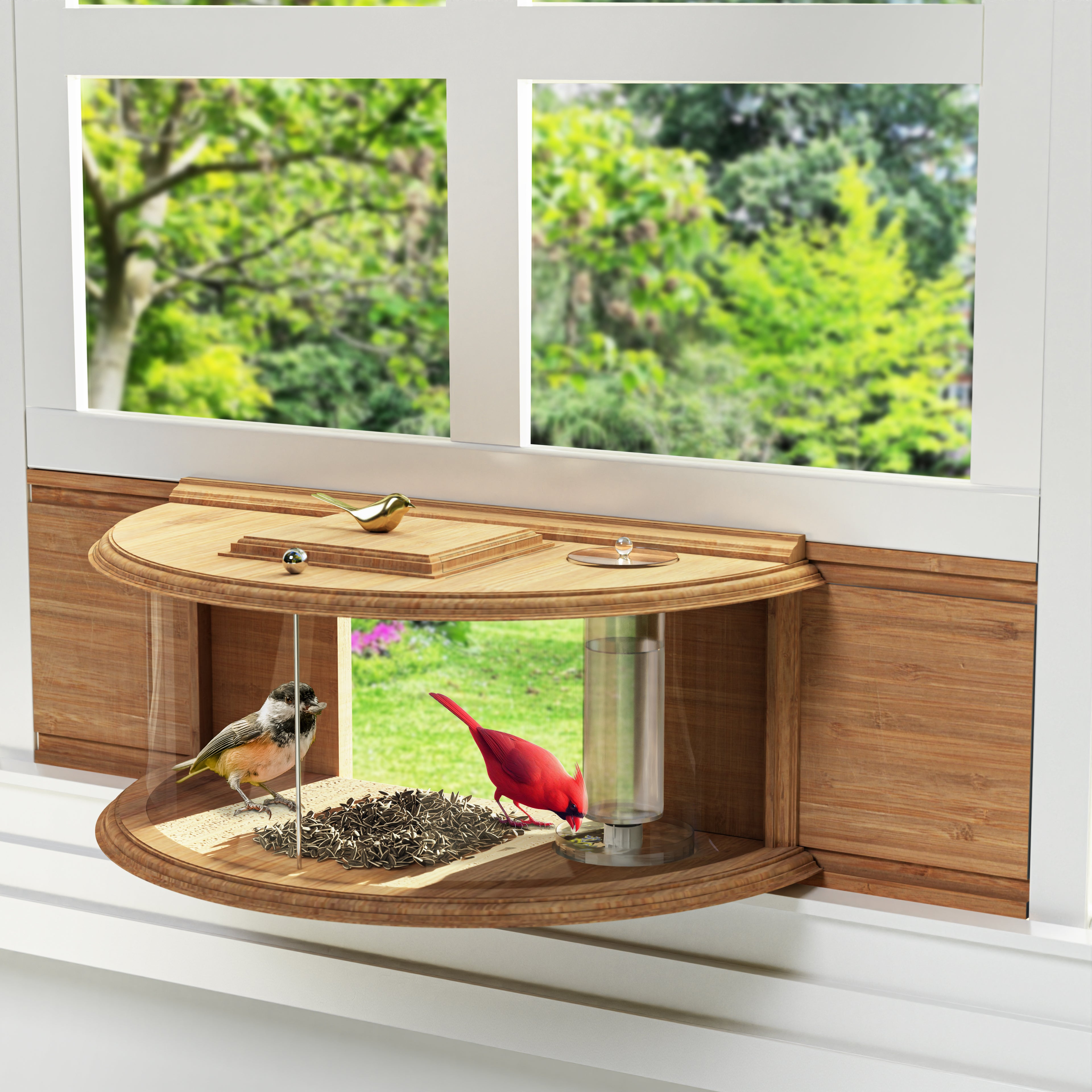 Window Bird Feeder 180° for Ultimate Wild Bird Watching (Wooden With Water Bottle)