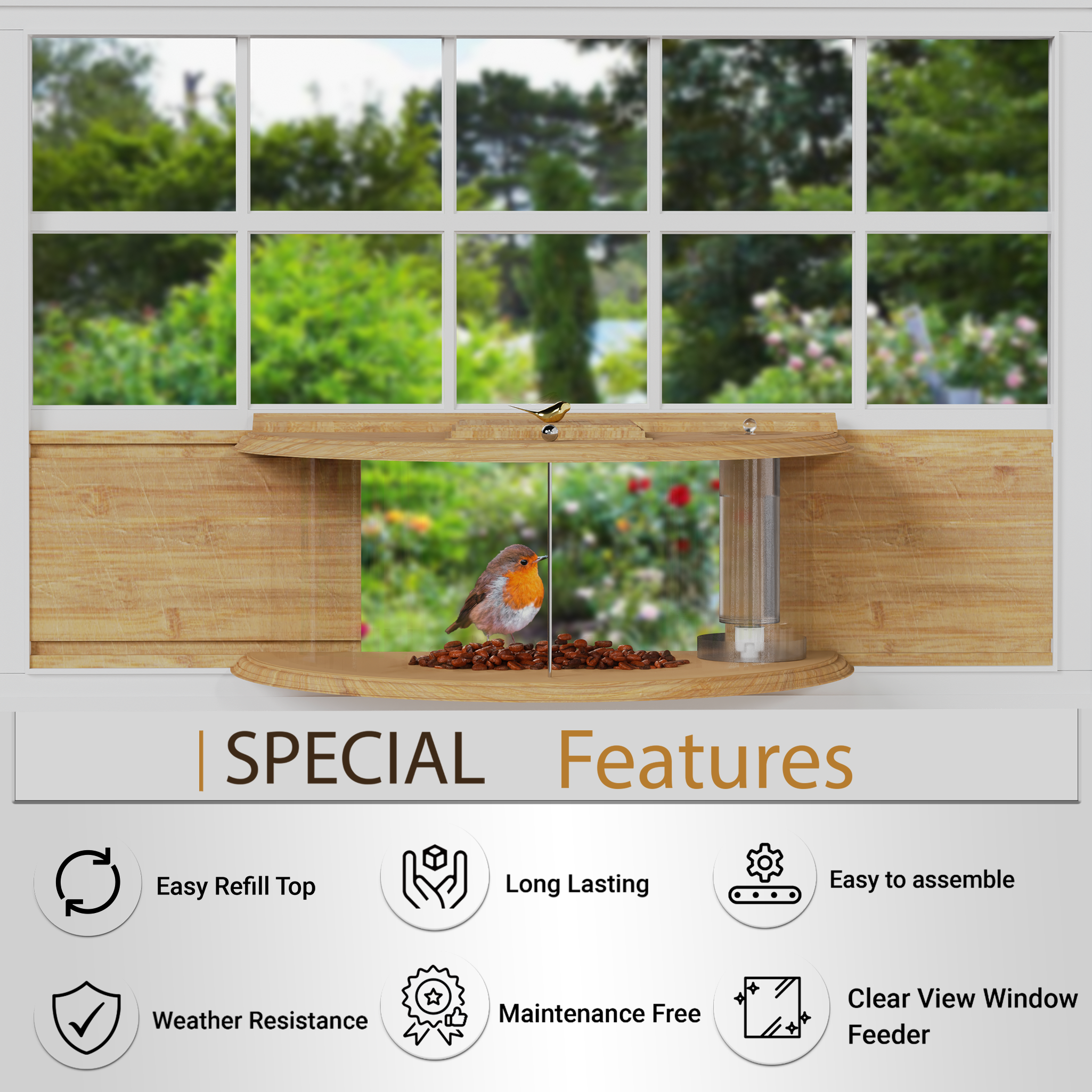 Window Bird Feeder 180° for Ultimate Wild Bird Watching (Wooden With Water Bottle)