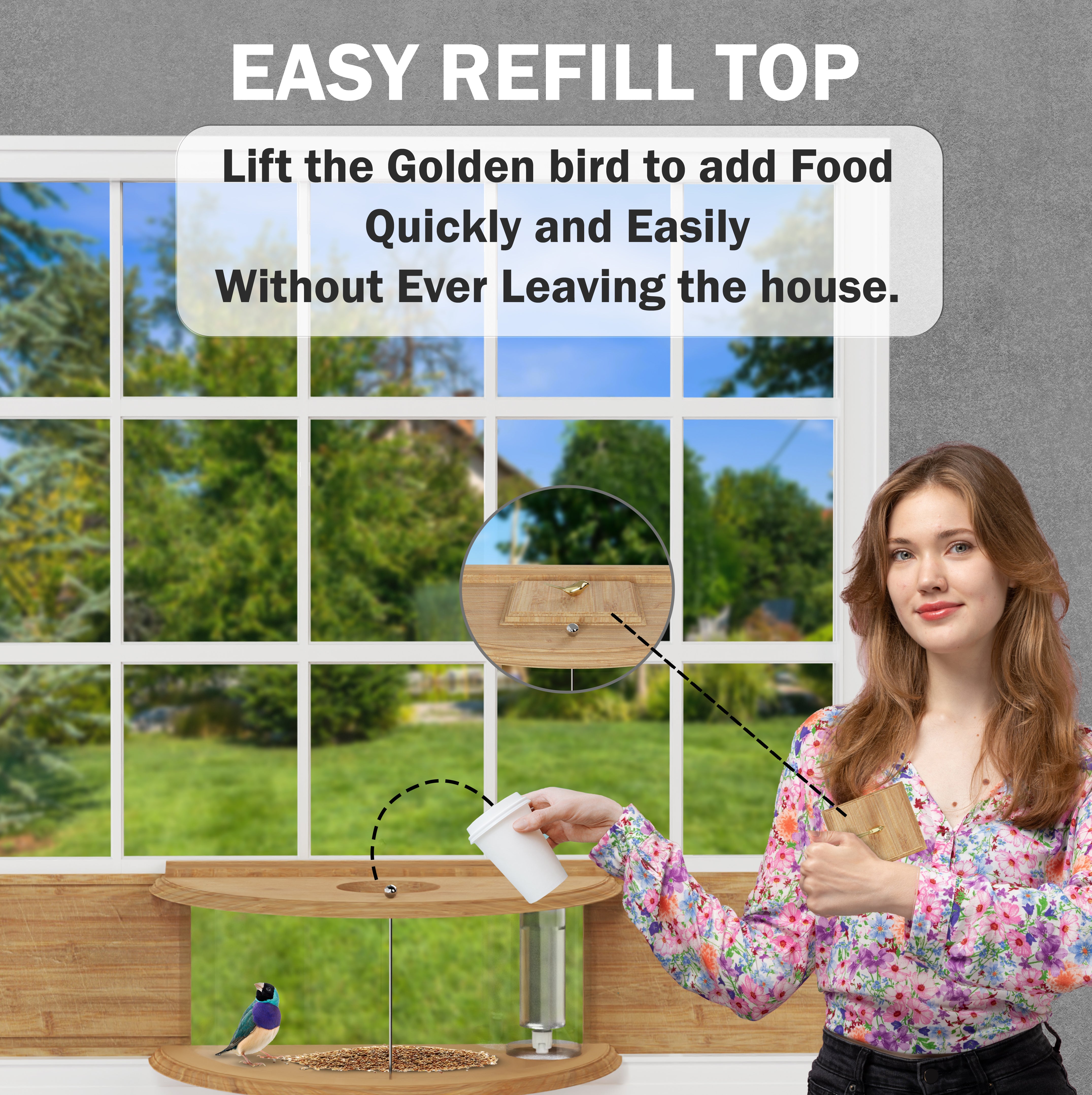 Window Bird Feeder 180° for Ultimate Wild Bird Watching (Wooden With Water Bottle)