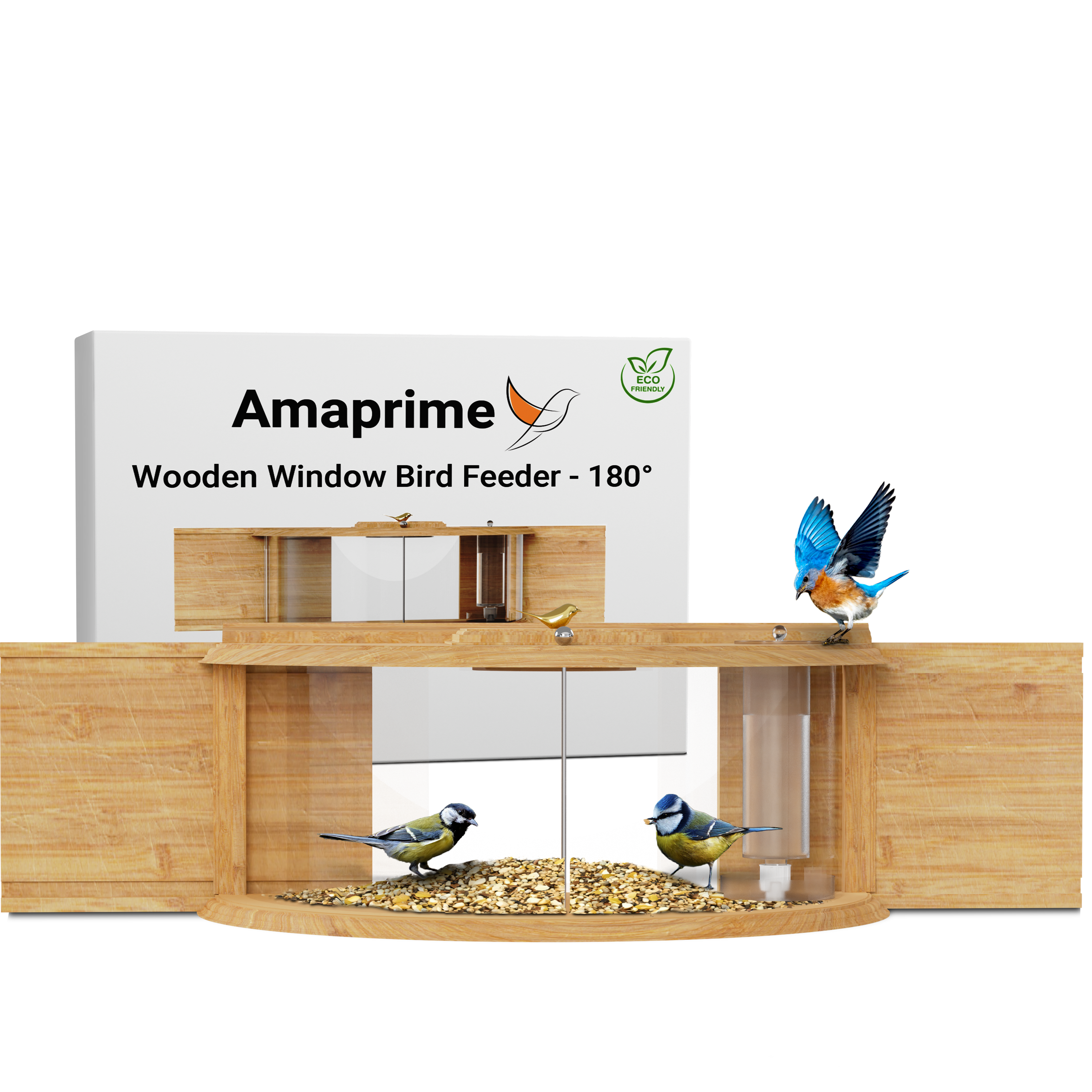 Window Bird Feeder 180° for Ultimate Wild Bird Watching (Wooden With Water Bottle)