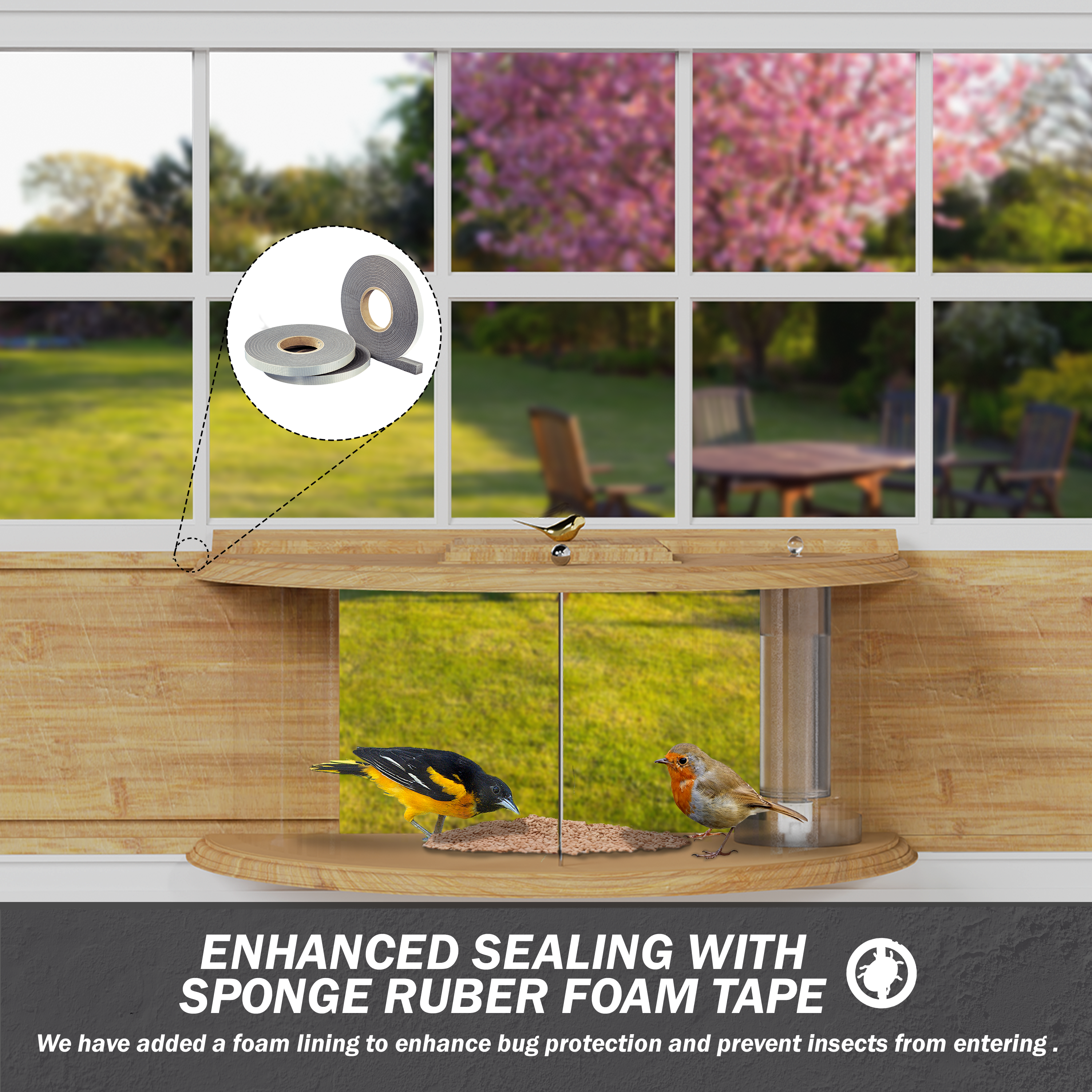 Window Bird Feeder 180° for Ultimate Wild Bird Watching (Wooden With Water Bottle)