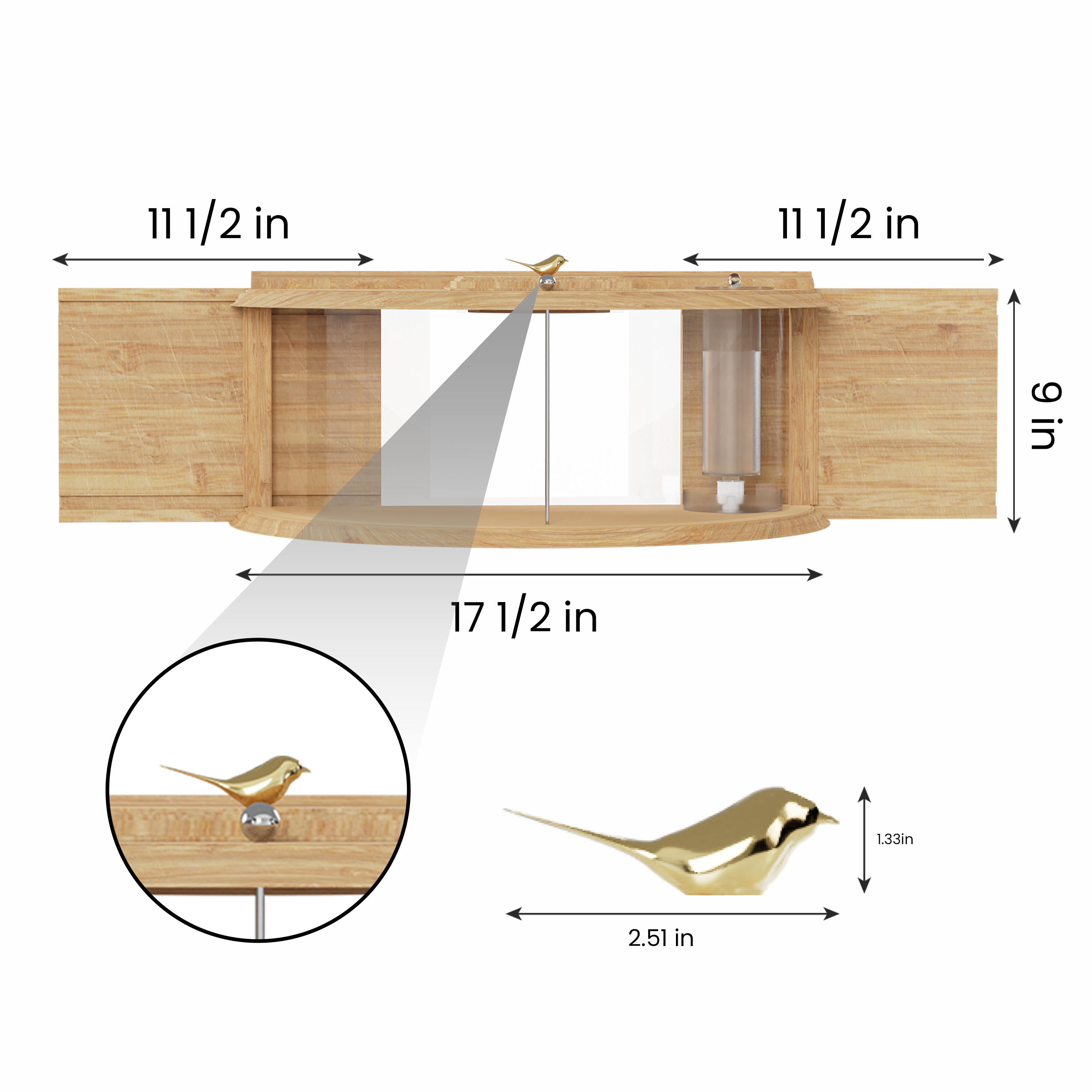Window Bird Feeder 180° for Ultimate Wild Bird Watching (Wooden With Water Bottle)