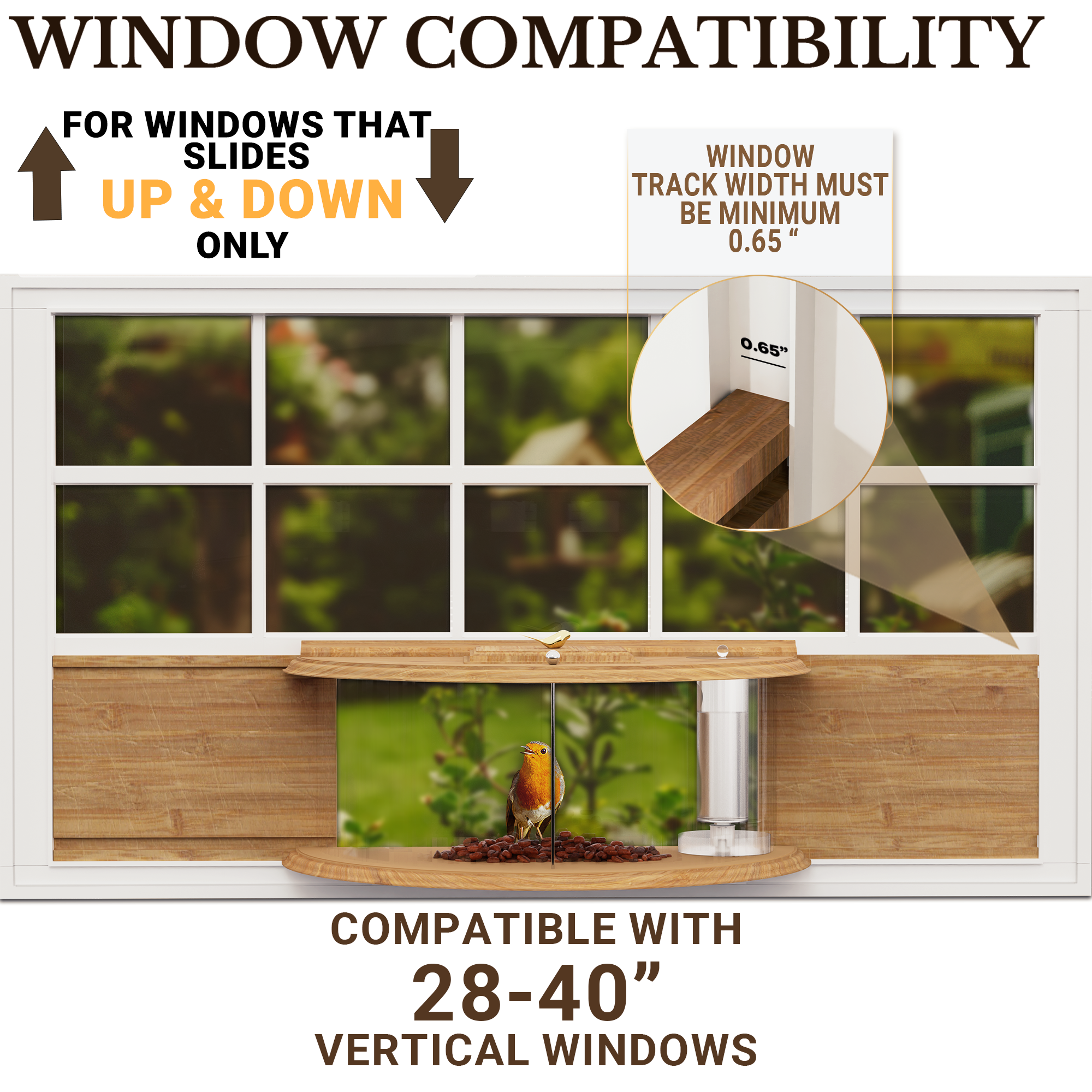 Window Bird Feeder 180° for Ultimate Wild Bird Watching (Wooden With Water Bottle)